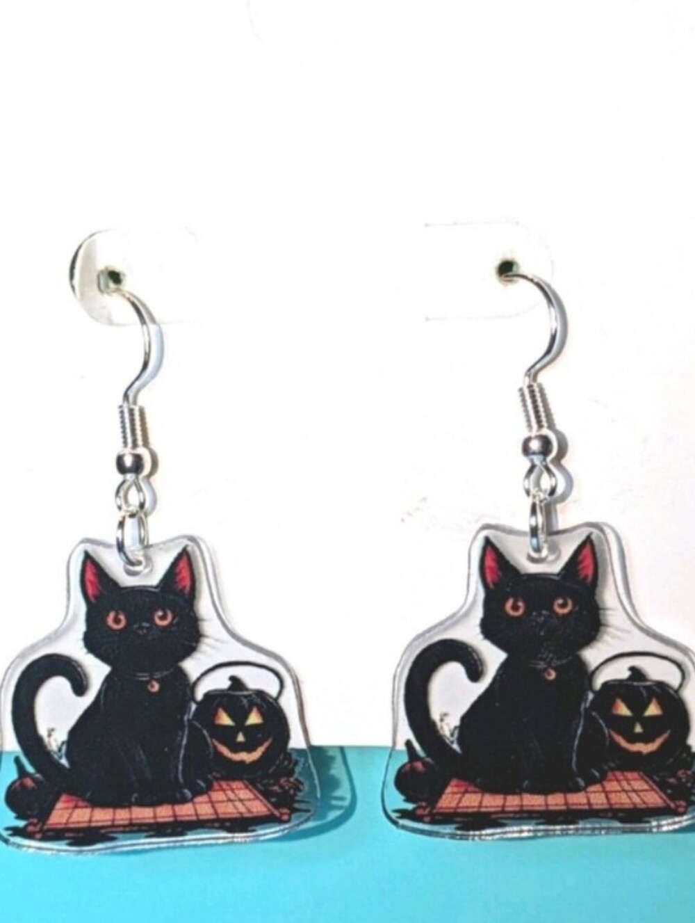 Halloween Black Cat Dangle Earrings with Pumpkin Accent